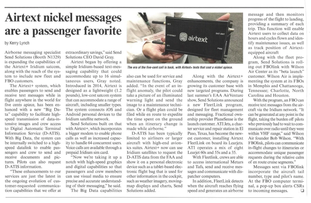 newspaper article with headline and lots of copy, says: Airtext nickel messages are a passenger favorite (headline)